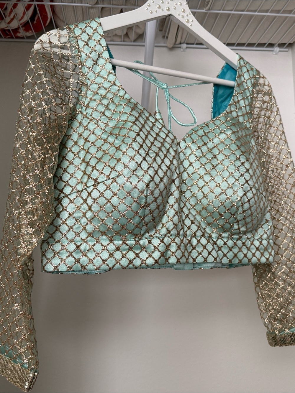 Mint Green Saree Blouse with Gold Net Embroidery